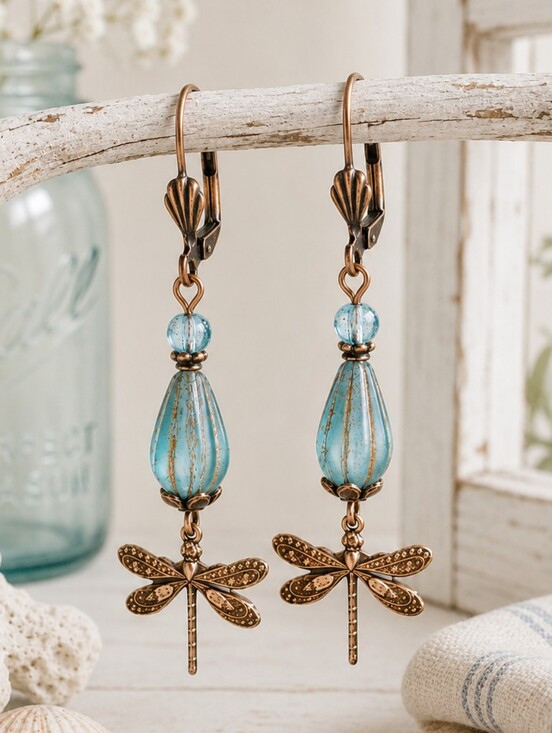 Earth Art hand crafted artisan Jewelry - Dragonfly Sea Glass Earrings Coastal Cottage Copper Jewelry Hand Crafted